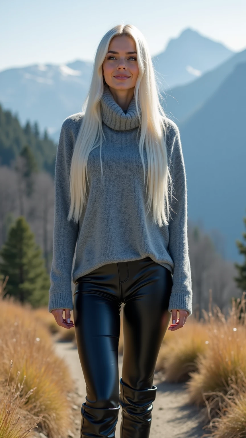 Winters,Snowy landscape,an ultra hot gorgeous woman, blonde braided hair, lacepantyhose,random color,Long sweater,scarf,depth of fields,Real Light,Ray traching,OC Renderer,UE5 Renderer,Hyper-realistic,best qualtiy,8K,Works of masters,super-fine,Detailed pubic hair,Correct anatomy, camera view from back
