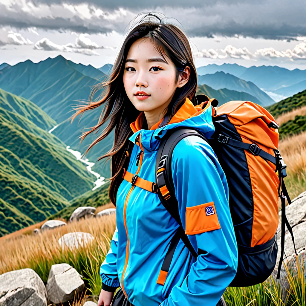 Close up photo ofa 25 year old Korean girl hiking in the mountains. The girl was wearing a bright blue jacket with orange accents and carrying a large black backpack with orange straps. The background is a mountainous landscape with grass-covered slopes and some rocks, as well as further mountains in the distance. The sky looked cloudy, adding a dramatic atmosphere to this natural view