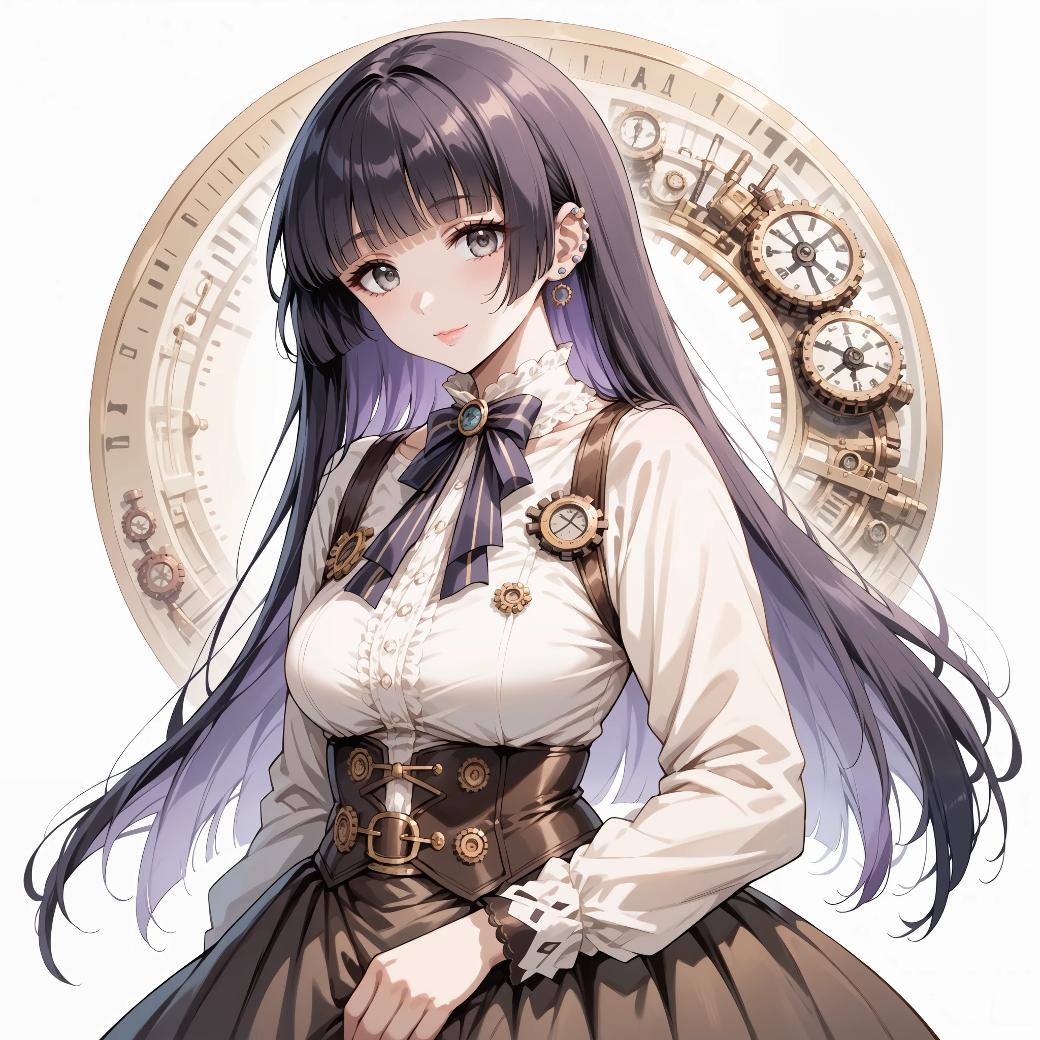 score_9, score_8_up, score_7_up, source_anime, 4K,perfect fingers,(perfect hands, perfect anatomy),prefect lighting, very aesthetic, intricate details,highly detailed background, masterpiece, high quality, best quality,
1girl,solo,pasan, pasan, black hair, blunt bangs, blunt ends, chin piercing, colored inner hair, ear piercing, grey eyes, hime cut, long hair, medium bangs, multicolored hair, piercing, purple hair, mature female, large breast,
wearing ((steampunk design,Her attire includes a light beige/cream-colored top with brown accents detailing and stitching reminiscent of gears and cogs, She wears a brown lace-edged steampunk-inspired under-skirt with decorative details, )),,
((White plain background:1.5)) , She's posing with her body angled toward the viewer, her gaze directed slightly to the viewer's right,