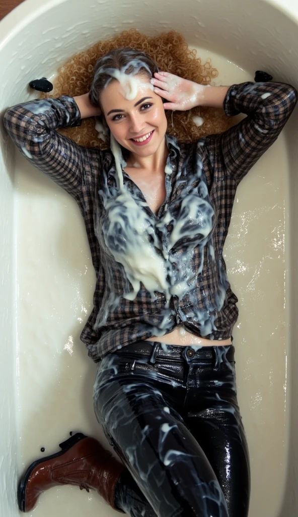 peeonher, short curly red hair, looking up, brown eyes, mint green button down shirt, partially unbuttoned, brick wall, outdoors, concrete flooring, penis, black jeans