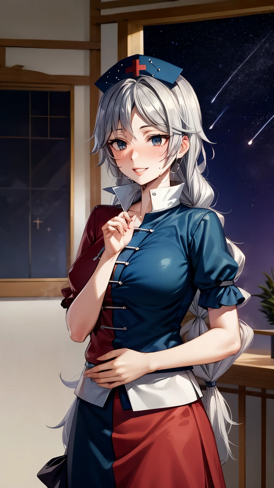 (Ultra High Quality,super high definition,16k,super masterpiece,Ultra HD , detailed shading and background,)NSFW,One woman is facing up,Long silver hair, braids, Chest Valley, nurse cap ,long skirt with low skin exposure, sweaty,blush,smile,Thick lips,Japanese-style room with a view of the starry sky,
