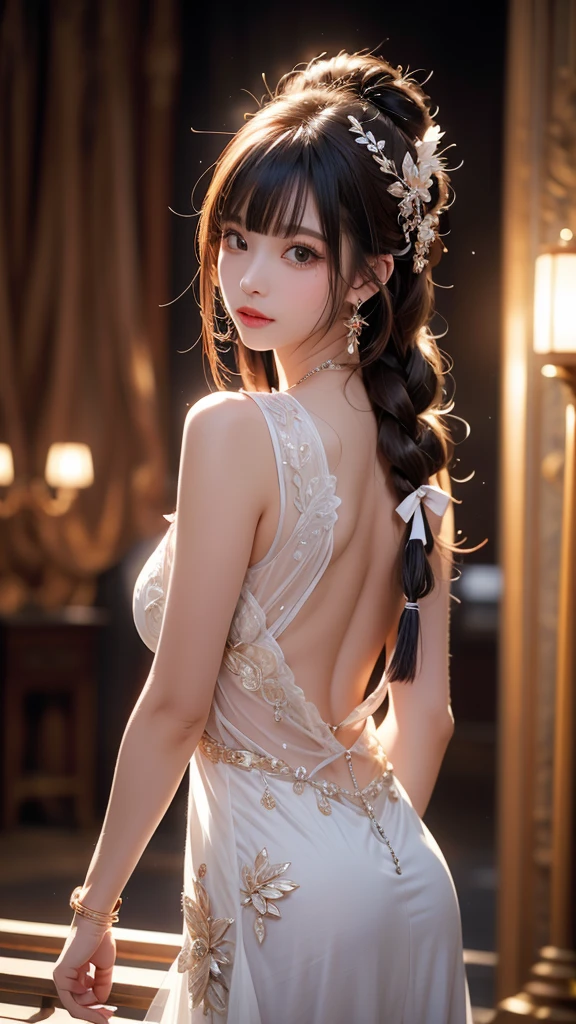 (top-quality、tmasterpiece:1.2),teens girl,White color hair、Smooth skin、Beautiful mouth、Smooth legs、Busty body,transparent panty,Long transparent dress,Moon,onbed,Riding position,Visible on the back,Butt visible,
