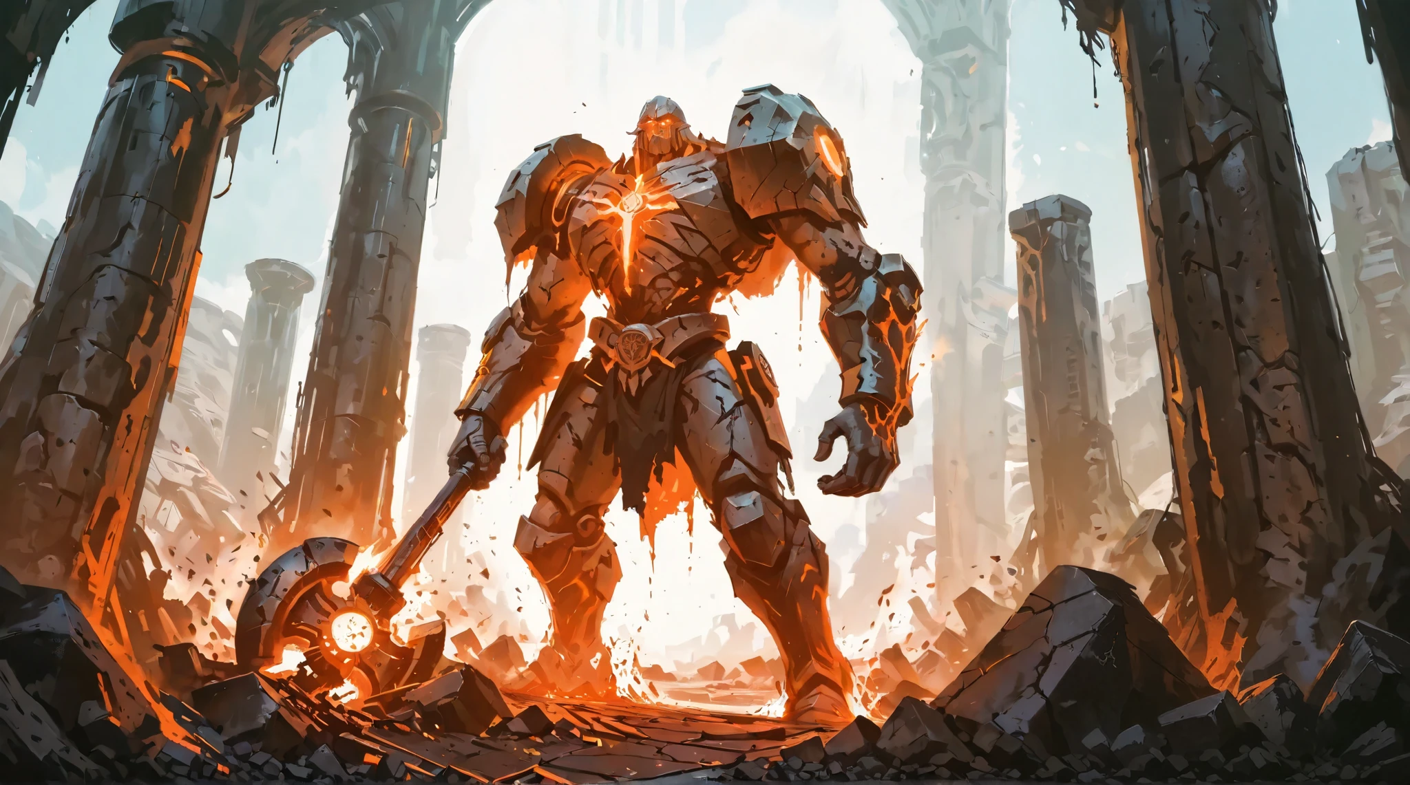 The stone golem stands tall and formidable, its massive, rock-forged body exuding raw power. In its mighty hand, it wields an enormous iron warhammer, an unshakable symbol of its brute strength. The weapon is not just any hammer—it is a colossal instrument of destruction, its surface lined with deep cracks that pulse with an earthy orange magical glow. Glowing runic inscriptions, infused with the same ancient energy, are etched across its mighty form. At the center of the golem’s chest, part of its circular magical core is exposed, radiating an intense, pulsating light, while its eyes burn with boundless arcane power. The very ground trembles beneath its presence, fractured and reshaped by its force, with towering stone pillars standing as proof of its devastating might. No obstacle stands before the golem and its legendary warhammer—together, they embody sheer, unstoppable destruction