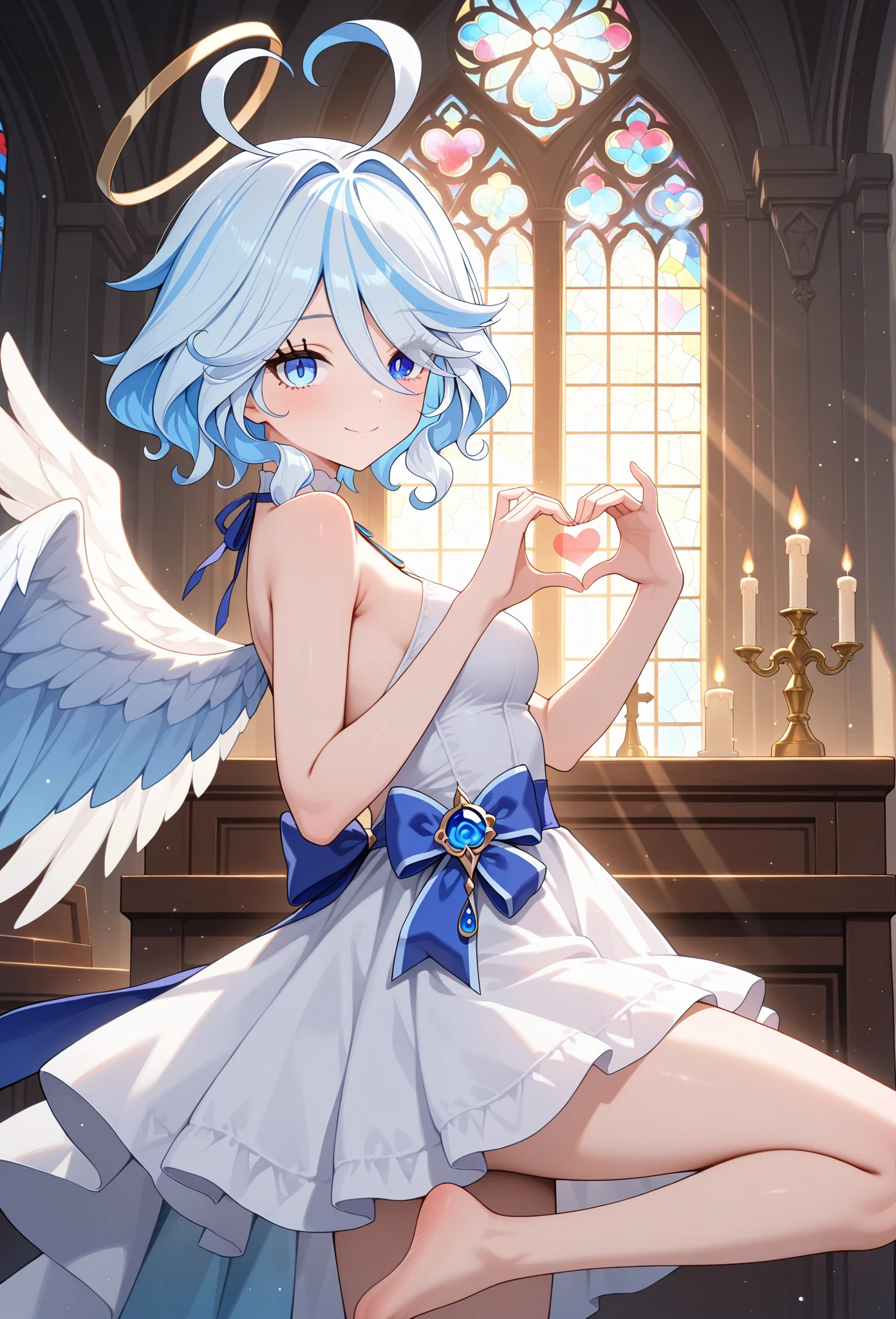 NSFW,masterpiece,Highest quality,High resolution,Very detailed,white\(no game No life\),Small breasts,Angel,Angelの羽,High-quality dress,Halter neck,gem,expectant face,blush,A moonlit church