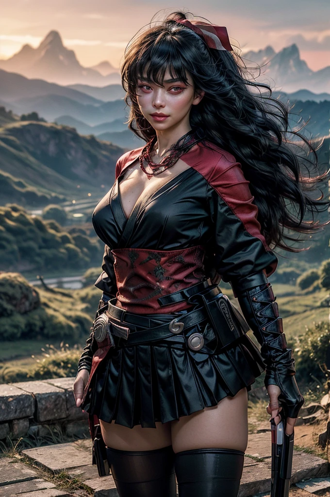 Woman 25 years old, bright red eyes, half demon , clothing medieval war dress, serious look, wavy black hair