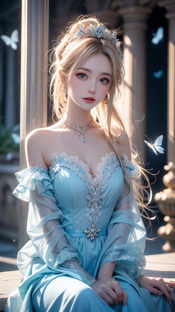 masterpiece, highres, high detailed, intricate details, depth of field, 1 girl, queen, royal crown, Coronation Gown, queen dress, Evening Gown, outdoor background. The background is a luxurious castle, mildly clouds, best sunlight. There are 2 long flower beds besides the path, queen is standing on the path. Her face is gorgeous, beautiful, confident. She wears a lot of luxury jelweries. She has blue eyes, platinum blonde long shining hair. Behind her is the castle.