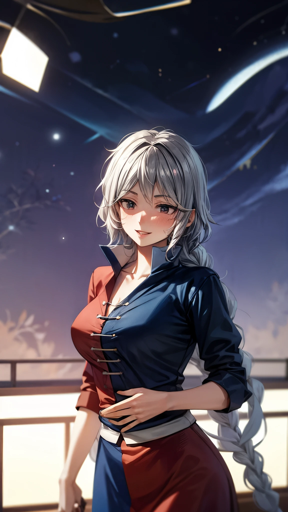 (Ultra High Quality,super high definition,16k,super masterpiece,Ultra HD , detailed shading and background,)One woman is facing up,Long silver hair, braids, Chest Valley, nurse cap ,long skirt with low skin exposure,smiles shyly,blush,Thick lips,Japanese-style room with a view of the starry sky,