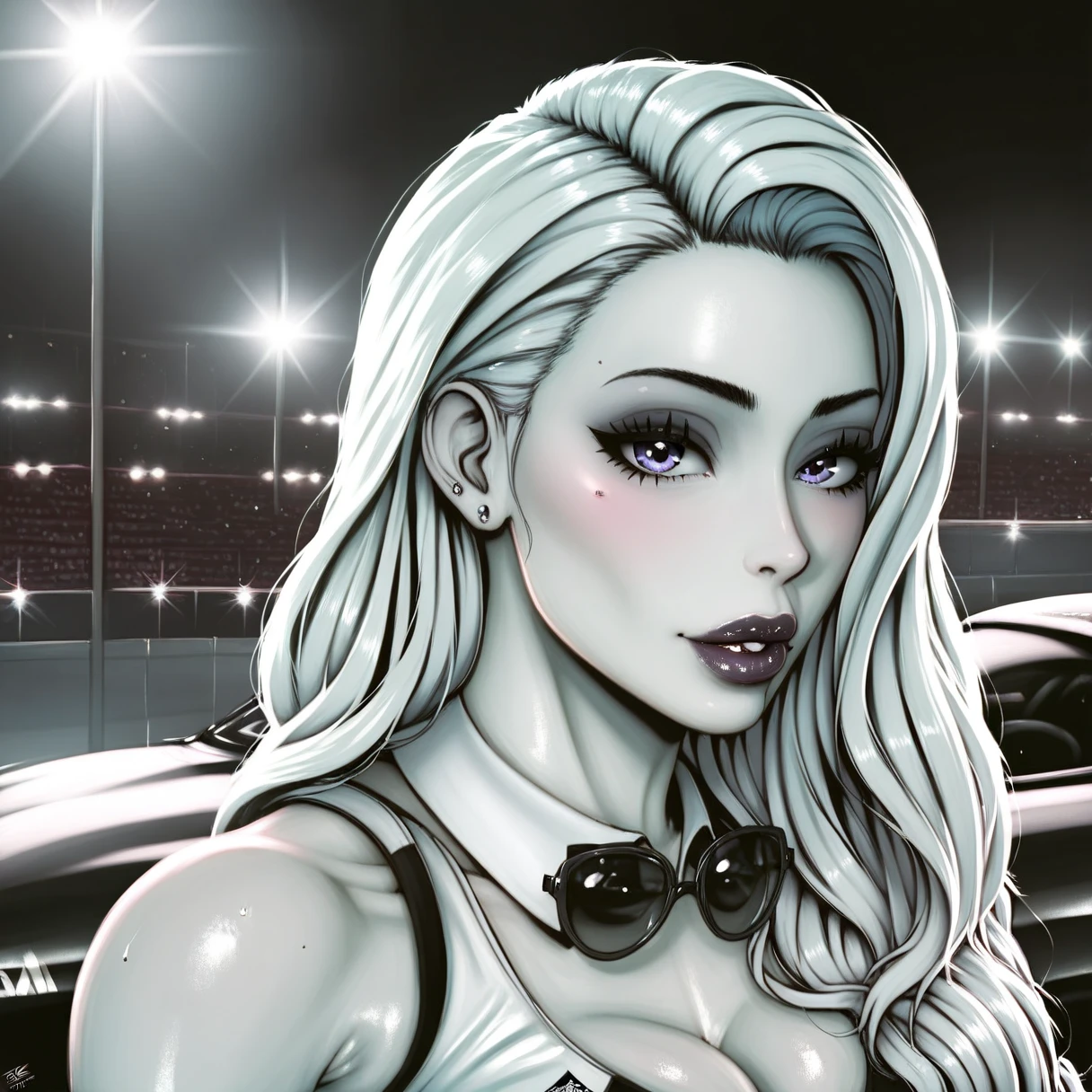 Blonde girl in black suit sitting in car on neon background, young beautiful Amaranth, Sexy Girls, Clive Arch, Wearing black tights, sydney sweeney, Amaranth, Ava Max, in a ????? club, better known as Amaranth, Blonde goddess, Looking sexy at the camera, Peter King (Peter King) portrait, Behind her，There is an atmosphere of terror