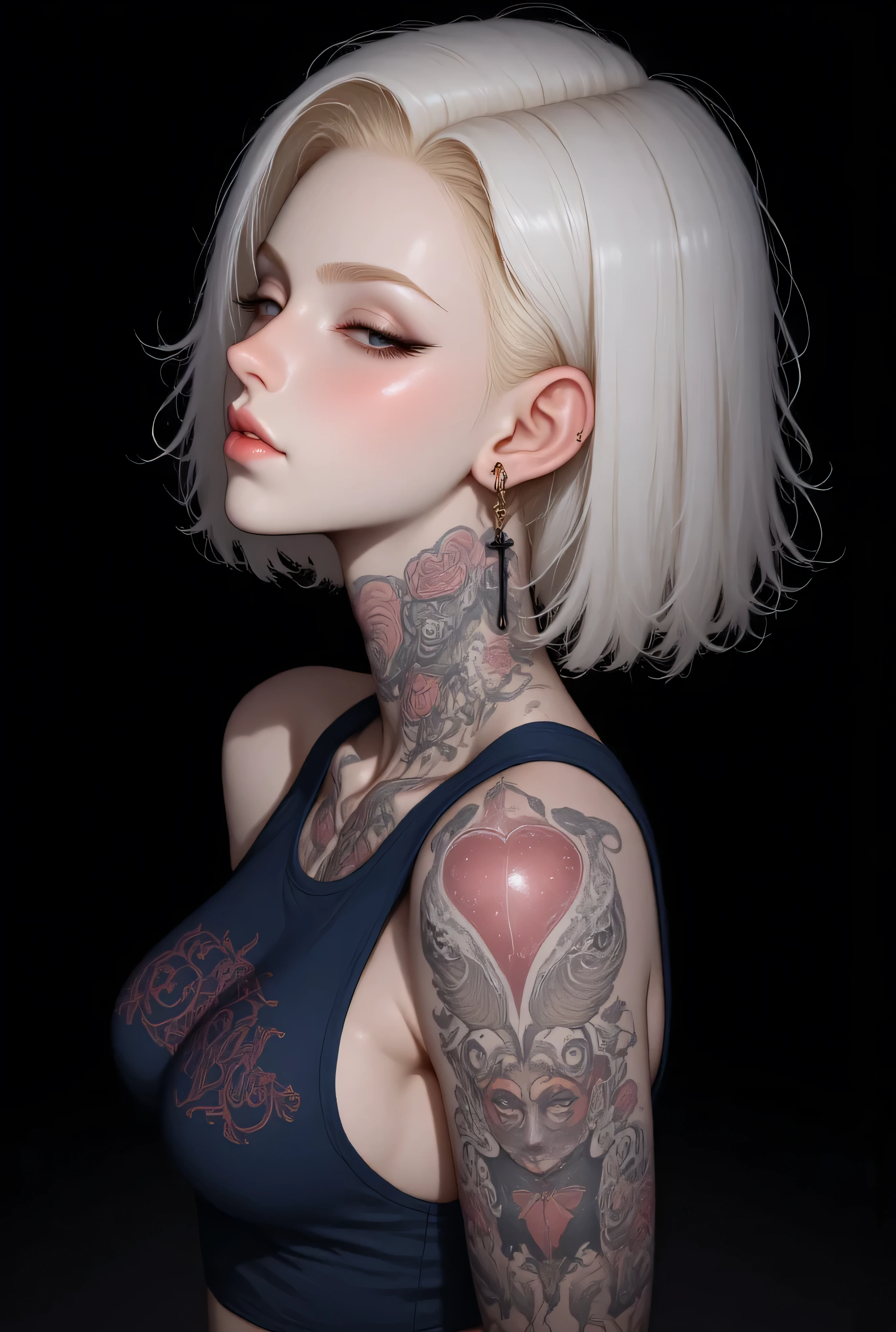 ung woman,(Fluorescent pink tattoo with delicate design on neck and arms:1.5),((lidded eyes:1.4)),(looking down:1.3),(parted_lips:1.4),(intricate detailed:1.4),((Short hair with slightly curled white hair:1.4),Casual navel crop top,upper body,black background, (Fragile and languid atmosphere:1.4),gothic biopunk, romantic, solo,(side view:1.3),(Masterpiece, Top Quality, Best Quality, Official Art, Aesthetic:1.2),chill time,<lora:Yoshitaka Amano Style:0.3, android 18