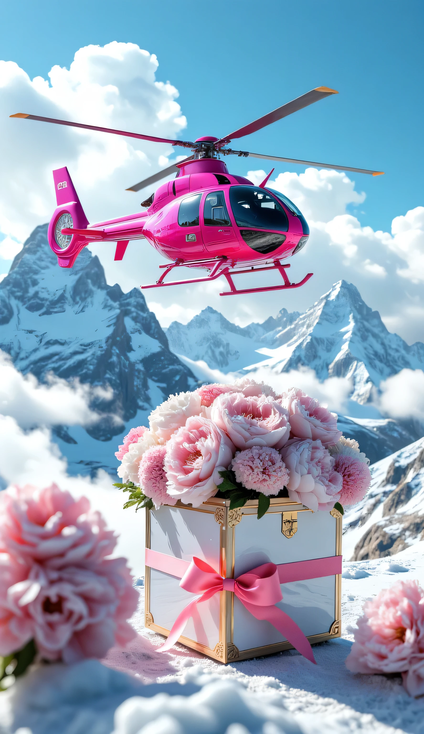 stunning cinematic scene featuring a vibrant neon pink helicopter soaring through dramatic snow-capped mountains beneath a brilliant blue sky filled with soft, billowy clouds. The luxurious aircraft is connected by a reinforced cable to an enormous opulent hat box containing an extraordinary bouquet of white and blush peonies, elegantly tied with wide satin ribbon in matching neon rose hue.
The helicopter features:
Sleek modern design with bold neon pink finish glowing brightly
Tinted windows reflecting mountain peaks and sky
High-end luxury details including chrome accents and logo
Advanced cargo suspension system for secure transport
Dynamic rotor motion creating realistic air displacement
The hat box displays:
Premium glossy white finish with gold embossed details
Massive size proportional to helicopter
Reinforced structure for safe transportation
Gold trim and handles adding sophistication
Protective padding visible around edges
The peony bouquet showcases:
Oversized arrangement of lush white and neon blush peonies
Perfectly arranged layers creating fullness
Natural petals spilling over box edges
Wide satin ribbon wrapping entire arrangement
Elegant oversized bow with subtle shimmer
Delicate greenery accents enhancing composition
Lighting enhances the scene:
Bright alpine sunlight illuminating all elements
Neon reflections on metallic surfaces
Soft shadows defining shapes and textures
Vibrant color contrast against snowy background
Art style combines:
Hyper-realistic rendering with glamorous quality
Bold color palette emphasizing luxury
Fine attention to every detail
Authentic high-end presentation
Composition draws eye:
From foreground helicopter
Through dramatic mountain landscape
To infinite blue sky above
Creating layered depth perception enhanced by atmospheric perspective effects. The scene exudes extravagance and refinement while maintaining dynamic energy, perfectly balancing technical accuracy with artistic flair. This luxurious image celebrates