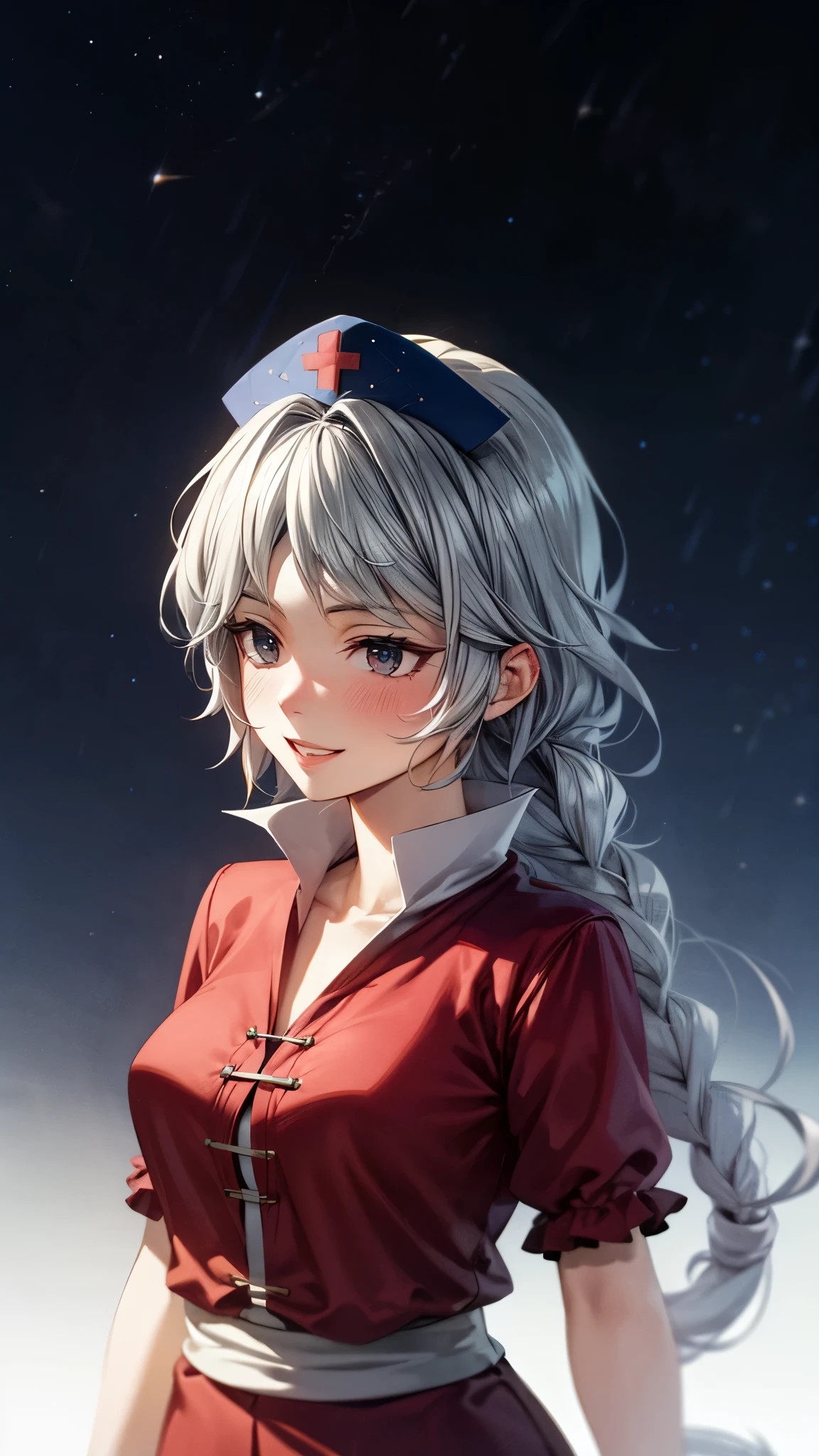 (Ultra High Quality,super high definition,16k,super masterpiece,Ultra HD , detailed shading and background,)One woman is facing up,Long silver hair, braids, Chest Valley, nurse cap ,long skirt with low skin exposure,embarrassing,smile,blush,Thick lips,Japanese-style room with a view of the starry sky,