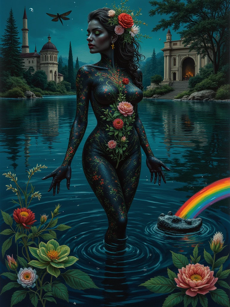 girl and pet rat, sexy girl, naked, in a swamp at night, next to many black roses, horror tones, magic, fantastic, night sky, moon, stars, background, (art inspired by Bill Sienkiewicz). oil painting)