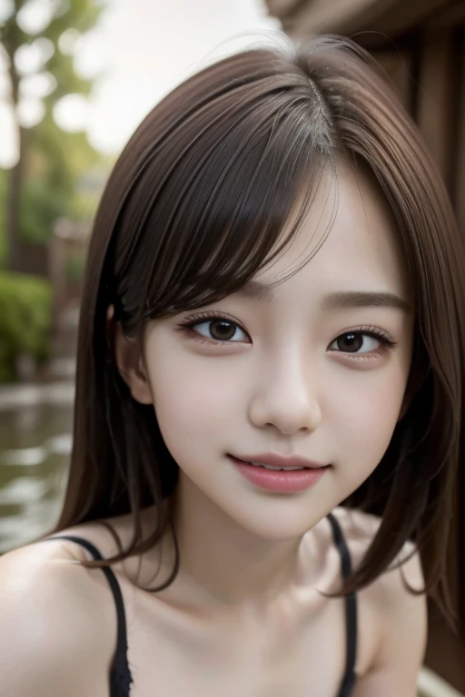 One Girl,Very cute girl at ,Big eyes:0.5,The face is facing straight ahead,Body facing forward,Beautiful nose,Fuller lips,Short black hair,ponytail,Detailed eyelashes,Thin eyebrows,Symmetrical eyes,Face close-up,White swimsuit,Portrait,View Viewer, half smile:0.5,