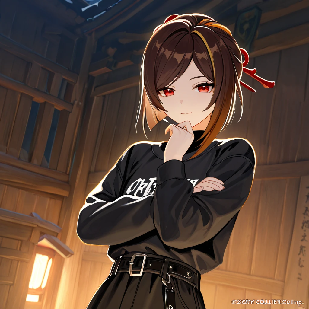 <lora:edgNoireHoodies:0.8> edgNoire, hoodie,  ([black dress, short skirt|hoodie]::0.5), a woman in a sheer see through ([black dress, short skirt|hoodie]::0.5), ,wearing edgNoire _(hoodie,leather belt, golden embroidery:1.2),, absurdres, ultra detailed, masterpiece, best quality, aesthetic, detailed,, solo, frown,
1girl, red eyes, <lora:Tsurime3:1>, (tsurime:1.2), (brown hair:1.3), medium hair, (asymmetrical bangs, swept bangs, cowlick:1.35), flipped hair, <lora:foldedponytail:0.8> foldedponytail, folded ponytail, (small breasts:1.3),