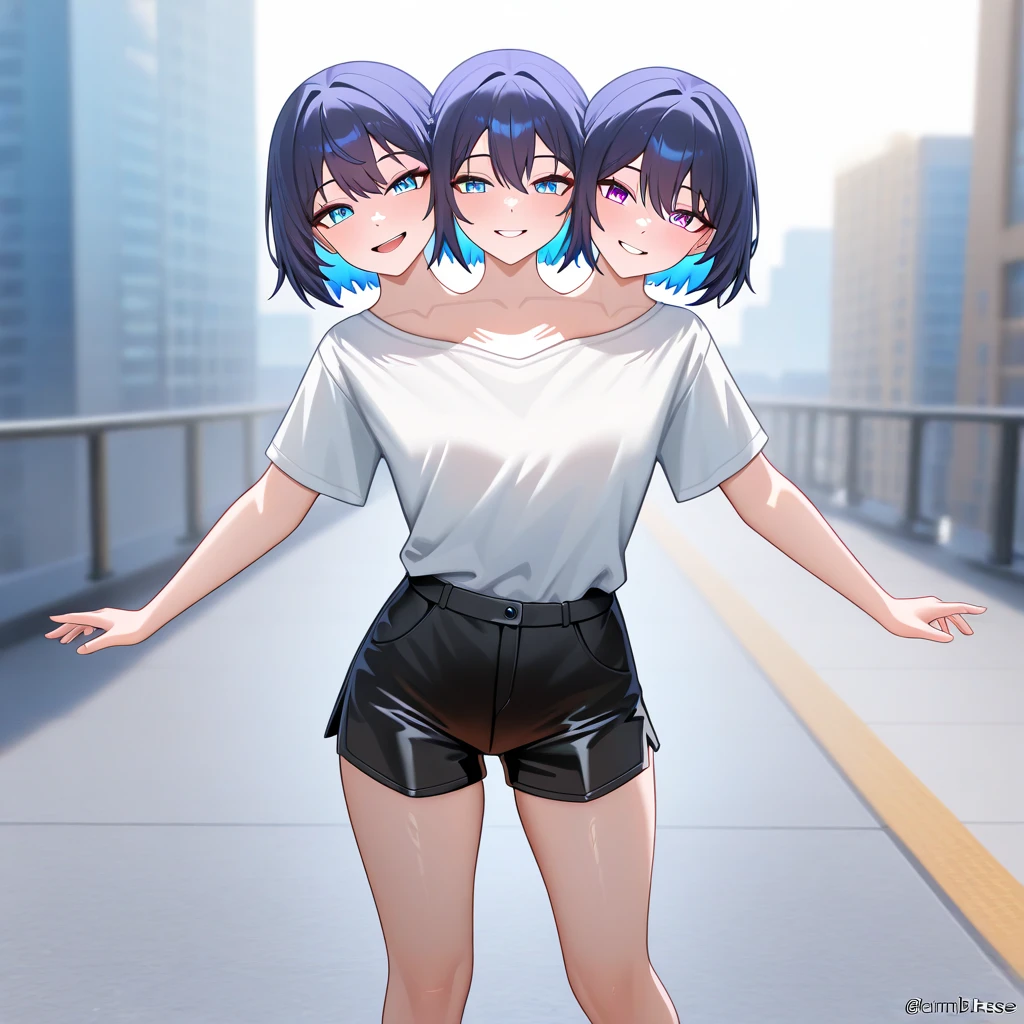 masterpiece, best quality, 1girl, two heads, conjoined, Best girl from the polygon dimension, Square, Cube, Triangle, smile, shirt, shorts, city