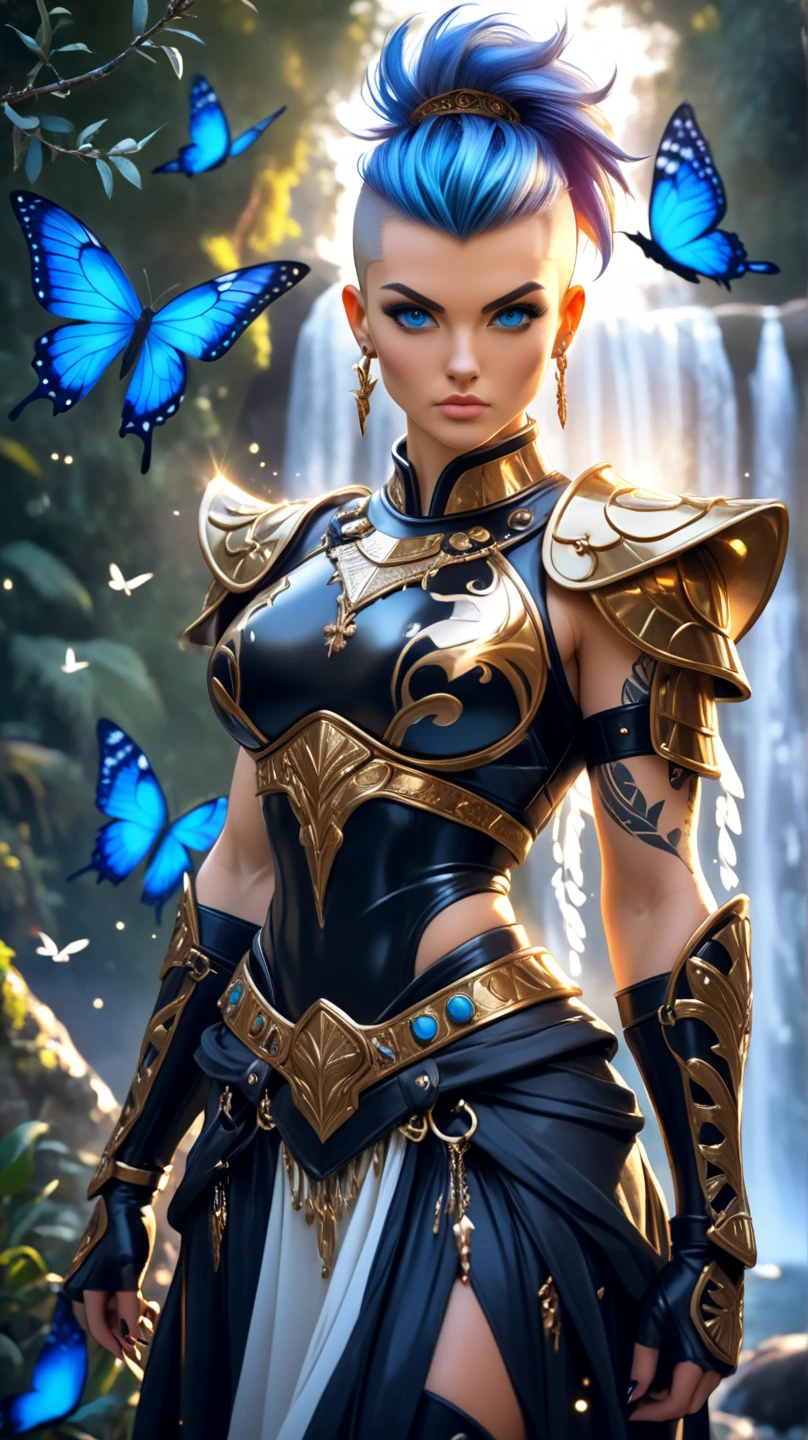 maya, blue eyes, multicolored hair, ponytail, gold armor, cleavage, gauntlets, clothing cutout, gold hair ornament, solo, standing, upper body,
waterfall, high mountain, jungle, looking at viewer,
(insanely detailed, beautiful detailed face, masterpiece, best quality),
<lora:maya-10v7:0.8>