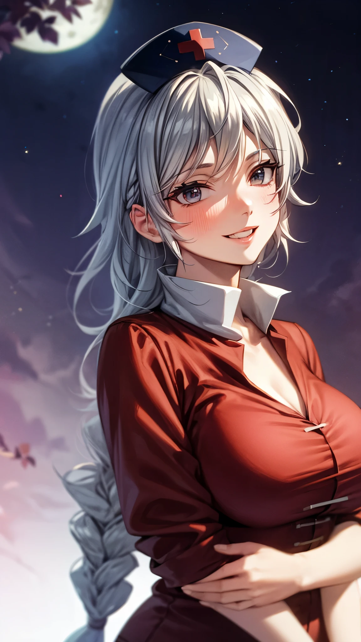 (Ultra High Quality,super high definition,16k,super masterpiece,Ultra HD , detailed shading and background,)One woman is facing up,Long silver hair, braids, Chest Valley, nurse cap ,smile,blush,Thick lips,Background with a big full moon and starry sky,