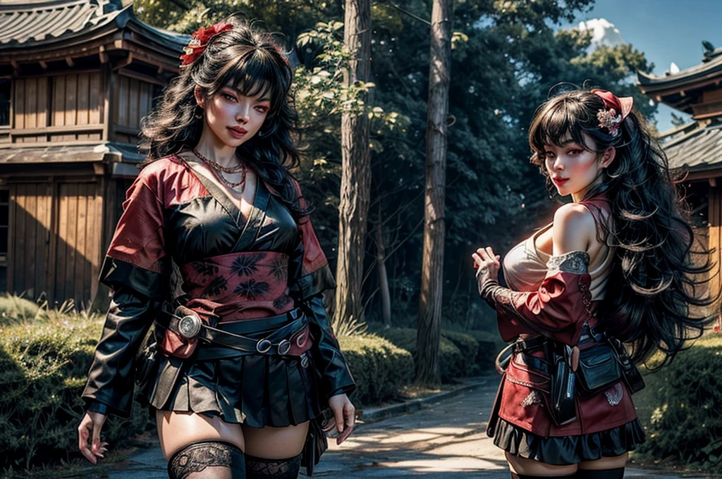 2 hot lady samurai dressed in cyberpunk costumes, duel each other with deadly weapons, they are in a blooming cherry orchard in mid day