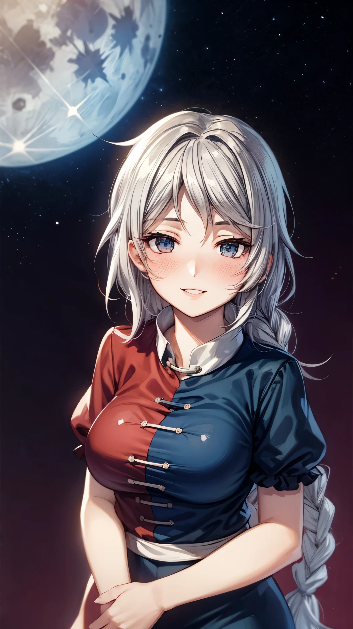 (Ultra High Quality,super high definition,16k,super masterpiece,Ultra HD , detailed shading and background,)One woman is facing up,Long silver hair, braids, Chest Valley, nurse cap ,smile,blush,Thick lips,Background with a big full moon and starry sky,