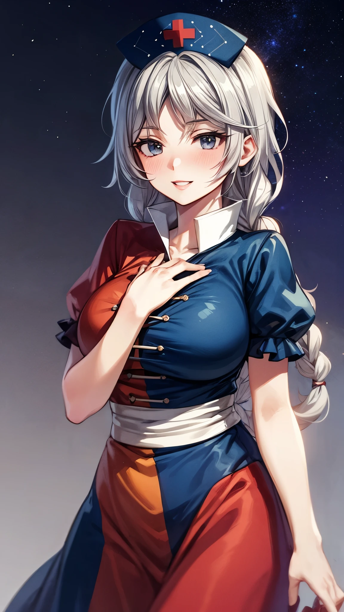 (Ultra High Quality,super high definition,16k,super masterpiece,Ultra HD , detailed shading and background,)One woman is facing up,Long silver hair, braids, Chest Valley, nurse cap ,smile,blush,Thick lips,Background with a big full moon and starry sky,