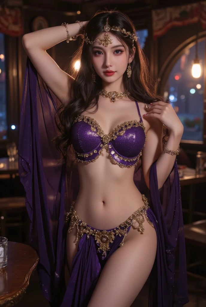 (masterpiece:1.2, highest quality), realistic, (real picture, intricate details, Depth of the bounds written,purple high neck dress), parted lips, very detailed, perfect face, perfect body, plum model,indoor background, All lace costumes, no underwear、Mature woman whose nipples and skin are visible, expensive, long legs, Separate top and bottom costumes,embellished costume, natural bokeh background,Costume with small open chest,Clothes that expose the belly button,revealing costumes,random hairstyles, (3/4body),