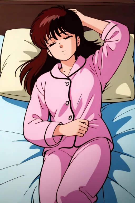 The room has a pink four poster bed., fondo del dormitorio,lujo,(cama enorme), ((muchas almohadas rosas con volantes)),((Cama con dosel)),((cortina con volantes)),((almohada de felpa)),((fluffy futon)), Anime character with a woman in the middle on a bed with pillows and sheets.,Cabello largo y rubio,blue eyes,pijama rosa con volantes,Falda larga,