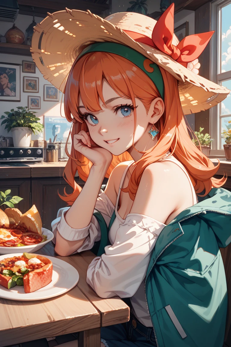 (8k, Highest quality, masterpiece: 1.2),Ultra-high resolution,1 girl,alone,16 years,Highly detailed face,Detailed eyes,Grey Eyes,Curly Hair,Long Hair,Orange Hair,Eyelash Extensions,Bohemian Print Sleeveless Maxi Dress,Bohemian Pattern Band,anaSitting in a chair,Bohemian Earrings,Perfect Fingers,smile,Holding a spoon,Sitting in a chair,There is a plate of curry rice on the table,Ganesha statue at the window,From above,Studio Light,Indoor bohemian living room