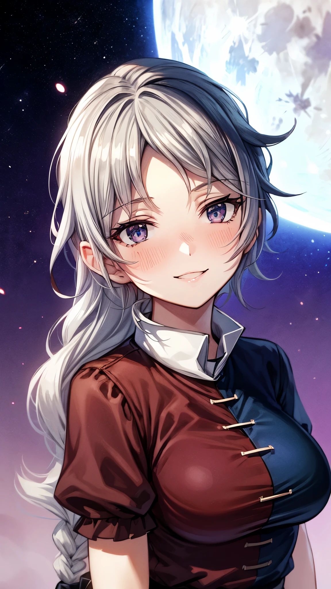 (Ultra High Quality,super high definition,16k,super masterpiece,Ultra HD , detailed shading and background,)One woman is facing up,Long silver hair, braids, Chest Valley, nurse cap , provocative smile,blush,Background with a big full moon and starry sky,holding a bow,