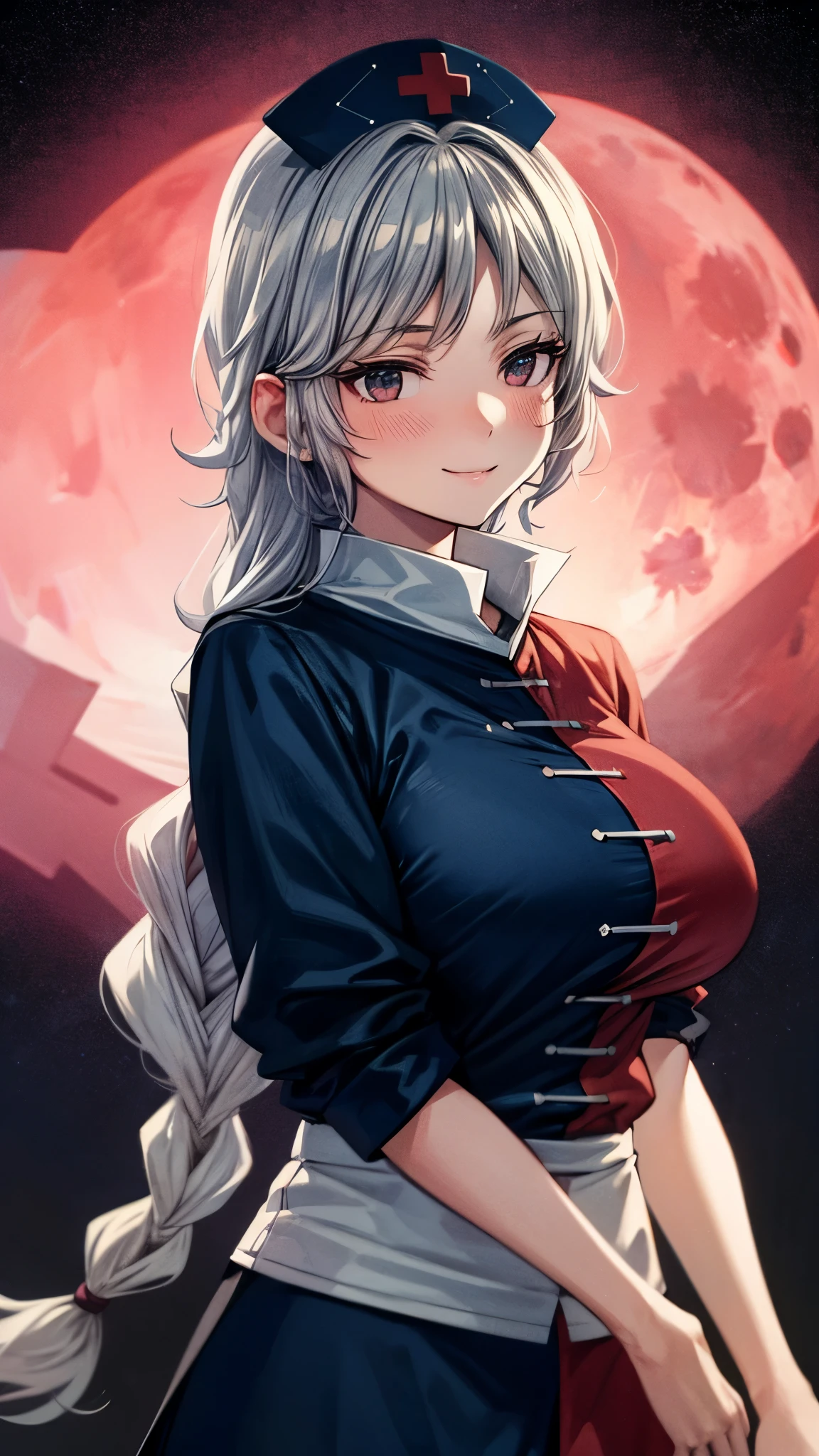 (Ultra High Quality,super high definition,16k,super masterpiece,Ultra HD , detailed shading and background,)One woman is facing up,Long silver hair, braids, Chest Valley, nurse cap , provocative smile,blush,Background with a big full moon and starry sky,holding a bow,