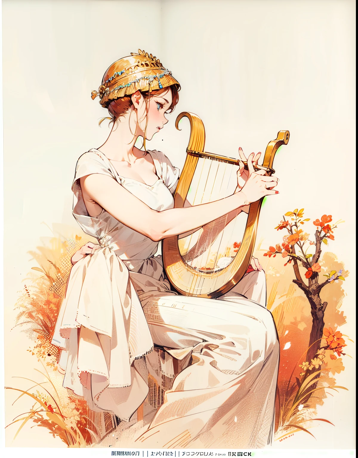 A Greek woman playing Harp in delicate lines