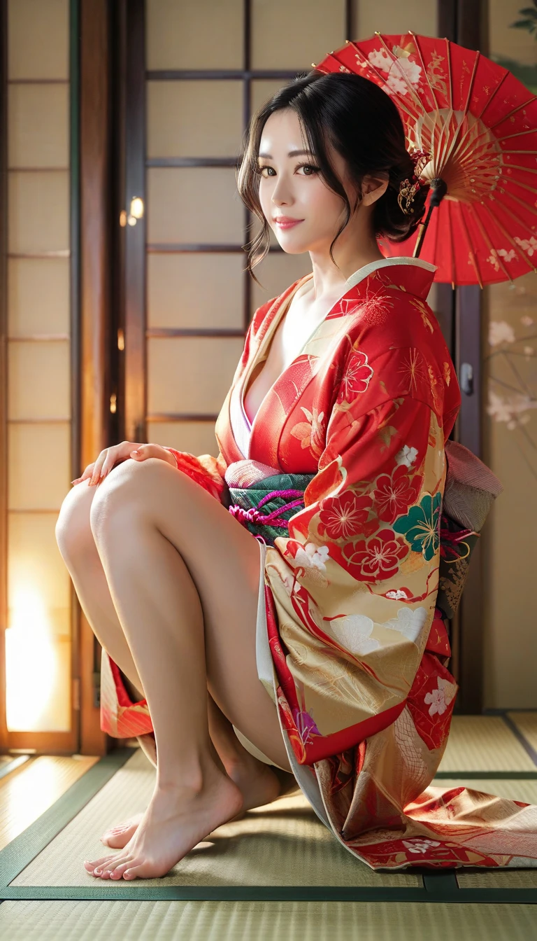 masterpiece, nsfw, best quality, hyper detailed, intricate detail, cinematic light, finely detailed beautiful eyes, young girl, medium breast, geisha hair bun with hairpins, red hair, red eyes, detailed geisha face make up, detailed geisha red lips make up, sitting seiza on floor, detailed kimono flower print, smile, upper body shot, light particles, 1girl, detailed anatomy, detailed face, beautiful face, detailed hair