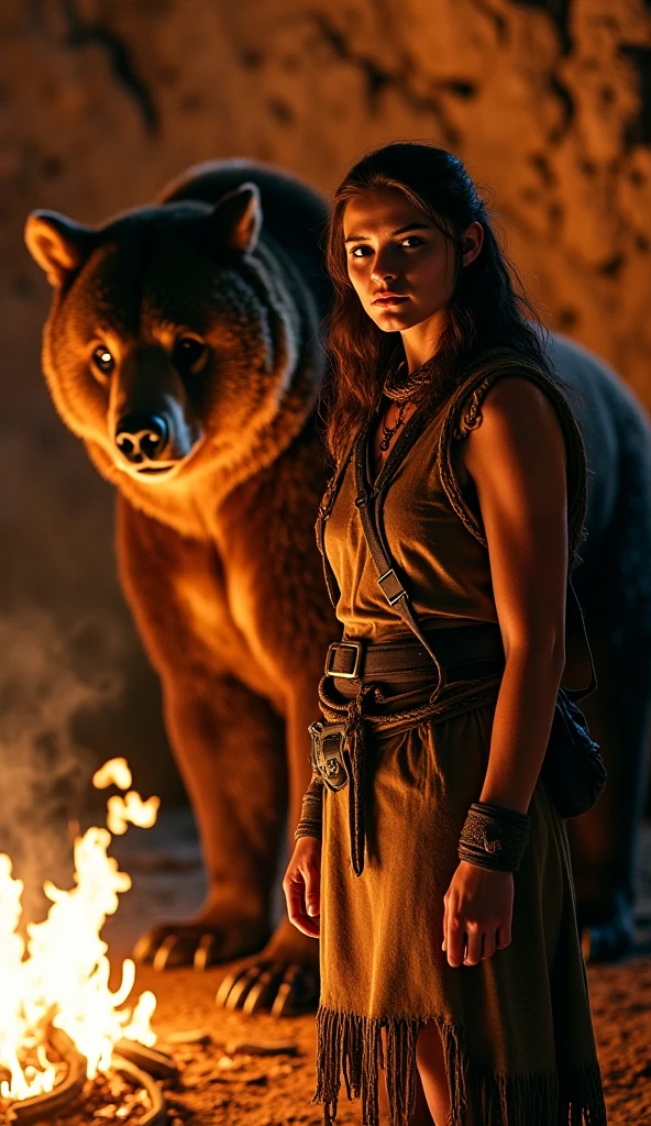 photorealistic, photograph, pretty brunette young woman, pale skin, barefoot, wearing dirty torn tunic, standing terrified infront of a monster
