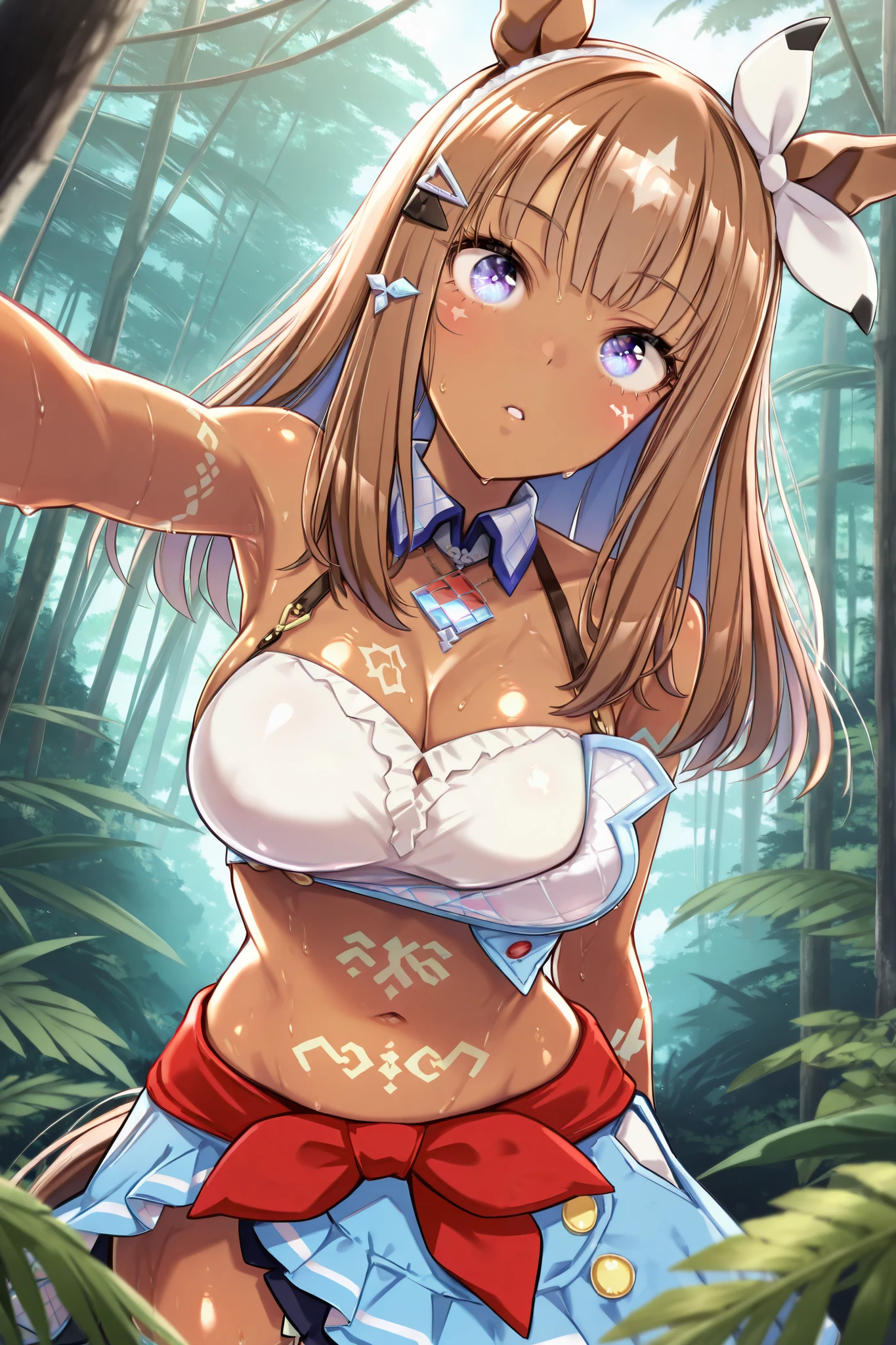 score 9, score 8 up, score 7 up, ultra-detailed, (best quality, masterpiece, ultra detailed, ultra high res, absurdres, high-resolution, highest quality, very aesthetic, textile shading), source anime, (detailed eyes), (detailed face), , , (mappaninatta), (almond eye /(umamusume/)), 1girl, dark-skinned female, very dark skin, shiny skin, oiled skin, gleaming skin, sweat, tribal, tattoo, tribal tattoo, breast tattoo, bodypaint, revealing clothes, jungle, forest, nature, tree, staniding, solo, looking at viewer,