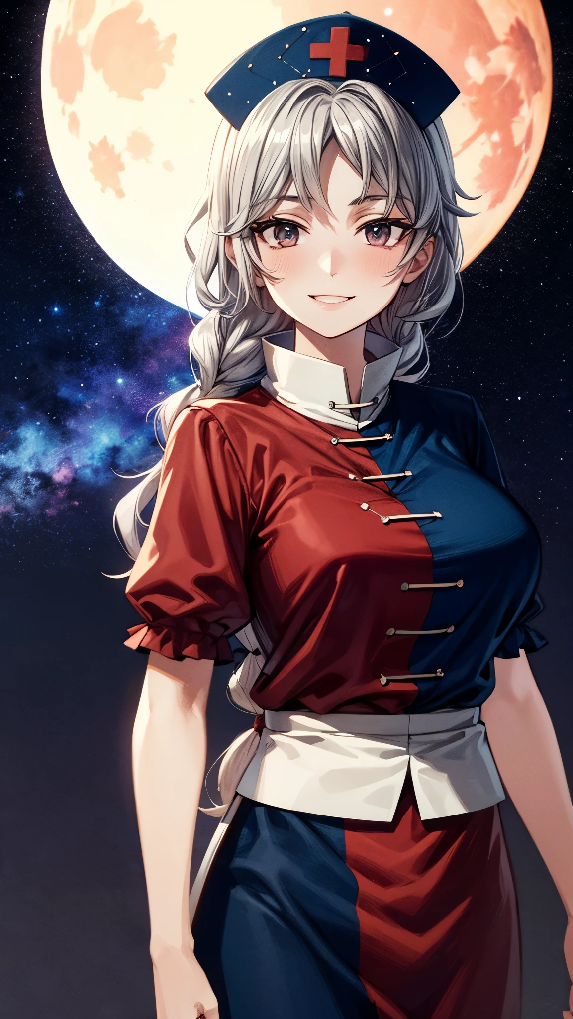 （Ultra High Quality,super high definition,16k,super masterpiece,Ultra HD , detailed shading and background,） one woman,Long silver hair, braids, Chest Valley, nurse cap , doya face,smile,blush,starry sky background with big white full moon,holding a bow,