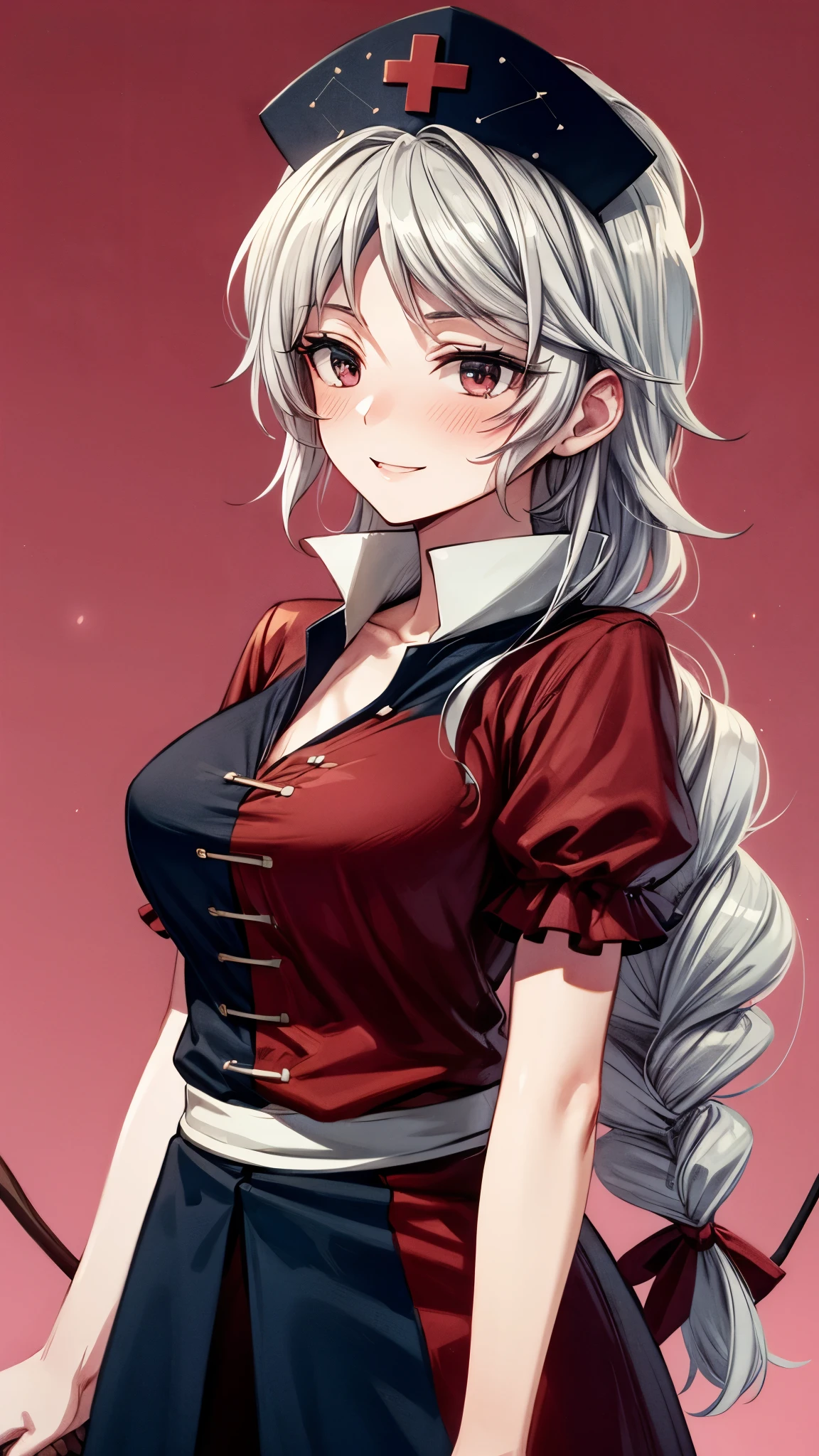 (Ultra High Quality,super high definition,16k,super masterpiece,Ultra HD , detailed shading and background,) one older sister,Long silver hair, braids, Chest Valley, nurse cap , doya face,smile,blush,starry sky background with big white full moon,holding a bow,