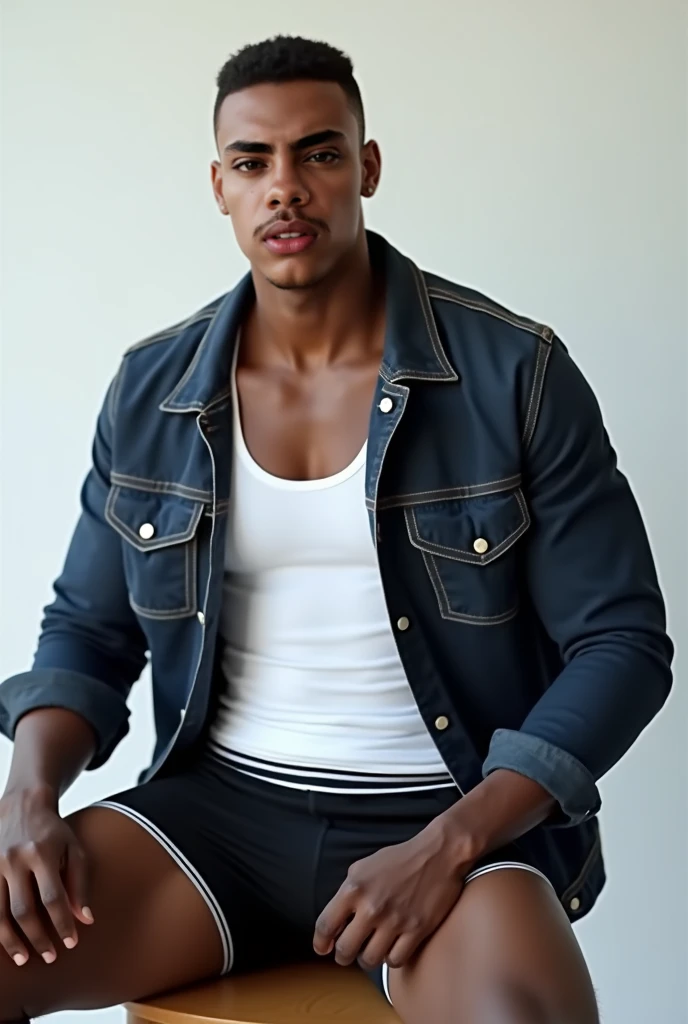 a 22 year old black man, white tank top athletic, bermuda jeans, very hairy leg, sitting on a chair, with your feet on a puff, wearing very dirty sneakers on your feet, in front of him a skinny 22 year old blond man, licking the soles of the black man's sneakers