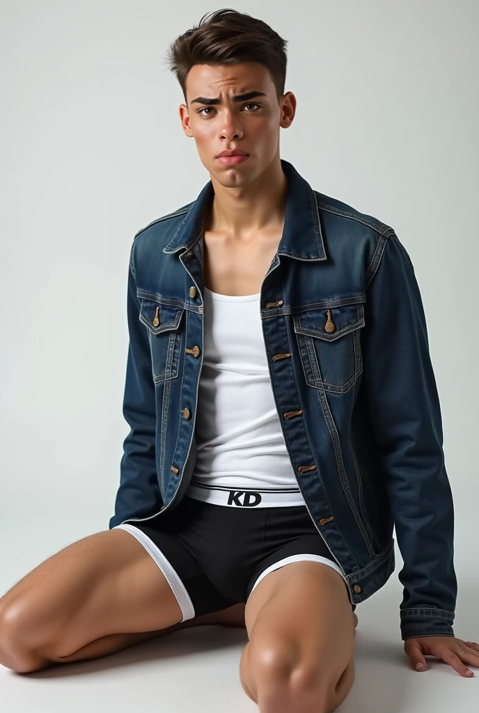 Sexy hot teen boy with a tanned body wearing a fit purple boxer shorts and boots is standing on a bed