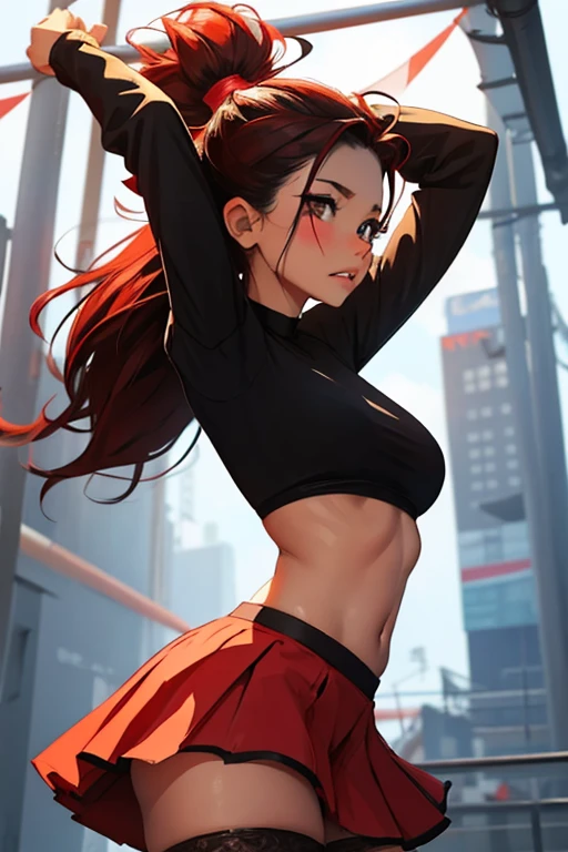 Claire Redfield,Long Half-Up Braid, exaggerated body, sexy, one shoulder top with a high neck, Dark denim jeans