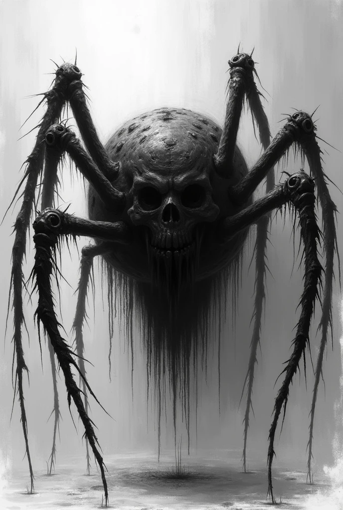 The image shows a black and white illustration of a spider with a rather dark and sinister design.. The spider&#39;s head is stylized to resemble a human skull., with hollow eye sockets and sharp teeth resembling fangs. The spider&#39;s body blends into the skull, creating a hybrid figure that combines anatomical elements of both a human skull and a spider. The spider&#39;s legs are long and thin., and seems to be suspended in the air, as if it were hanging from its web. The illustration has a gothic or macabre style, emphasizing an atmosphere of terror or darkness