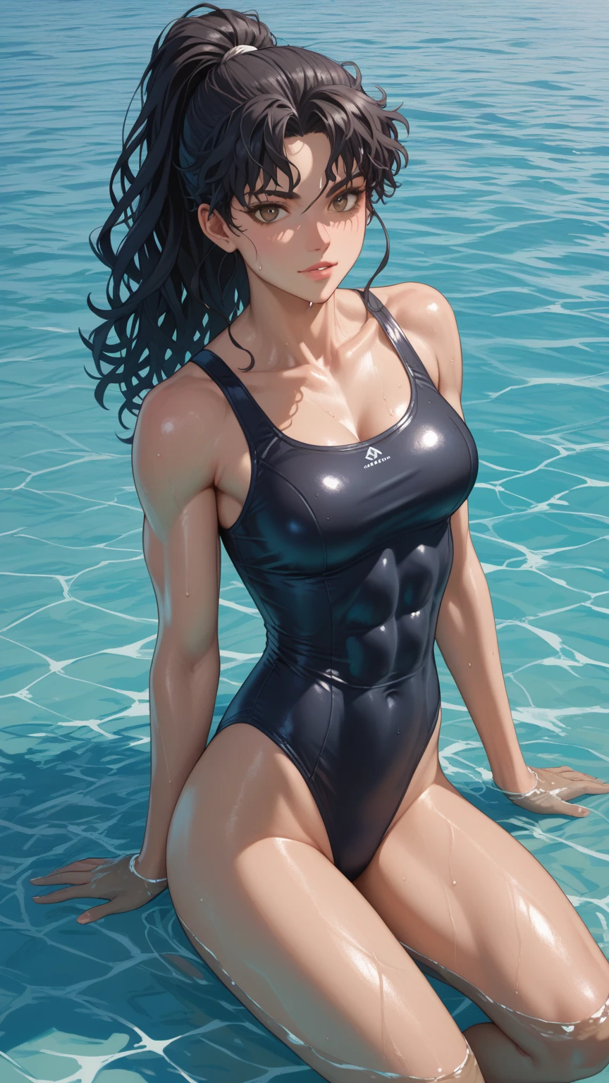 The  is wrapped by a golden snake，Exquisite figure-eight chest，One-piece swimsuit with gradient mini strapronze skin:1.3)，(((oilly skin)))，sweat profusely，incredibly sexy，muscular calves，Toned abs，Looming，Pointed-toe heels，sensory，Pose sexy by the pool，