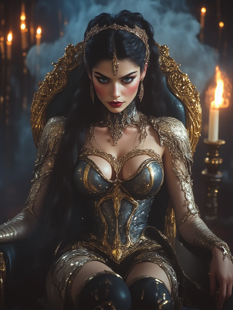 (Best quality, High-res:1.2), Portrait, Western mythological succubus, Erotic art, Perfect physique, Flowing shoulder-length hair, Slender heels, Sexy devil costume, devil horns, Black stockings, Seductive expression, incredibily detailed, entire body image, Heart-shaped eyes, Cinematic lighting, Masterpiece