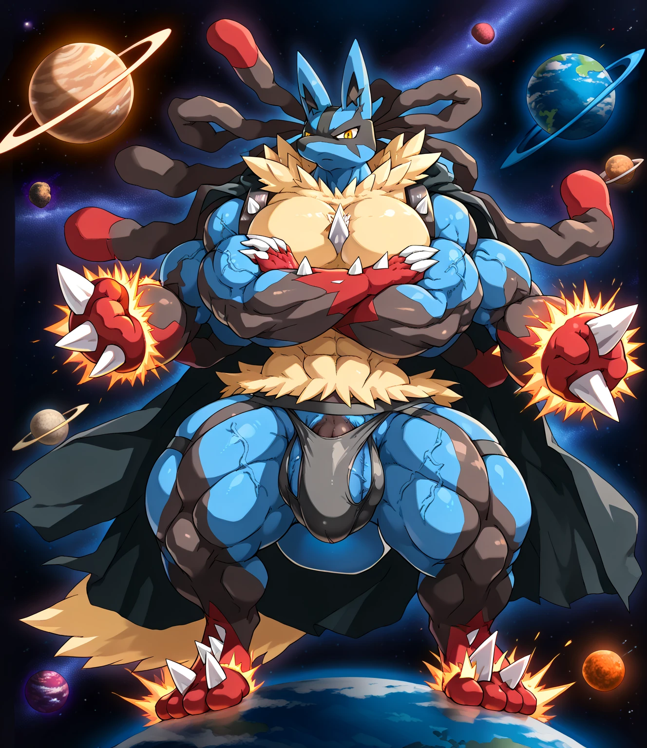 (masterpiece, best quality, detailed:1.2)
detailed full body, (masterpiece, best quality, detailed:1.2) (Pokémon) LUCARIO, detailed full body,
wears full body armor. huge pecs, chiseled abs, huge pectorals, exaggeratedly huge muscles. wearing a cloak. unusually developed muscular body big muscle, pecs, triceps, traps, waist narrow, unusually developed muscular body, He wears a black cloak on his back.
The cloak is so long that it touches the ground, bulge in the crotch wears a small black string thong that reveals huge muscular thighs. (metallic color: jet black thong)