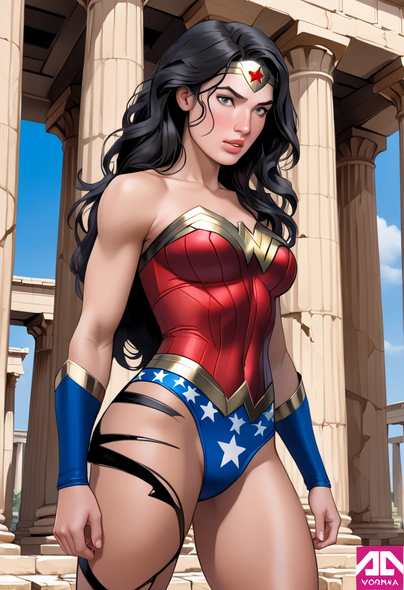 Wonder Woman, Gal Gadot plays Wonder Woman, draped in the United States flag, huge breasts, huge ass, plump and sexy, with Capitol Hill in the background, the White House