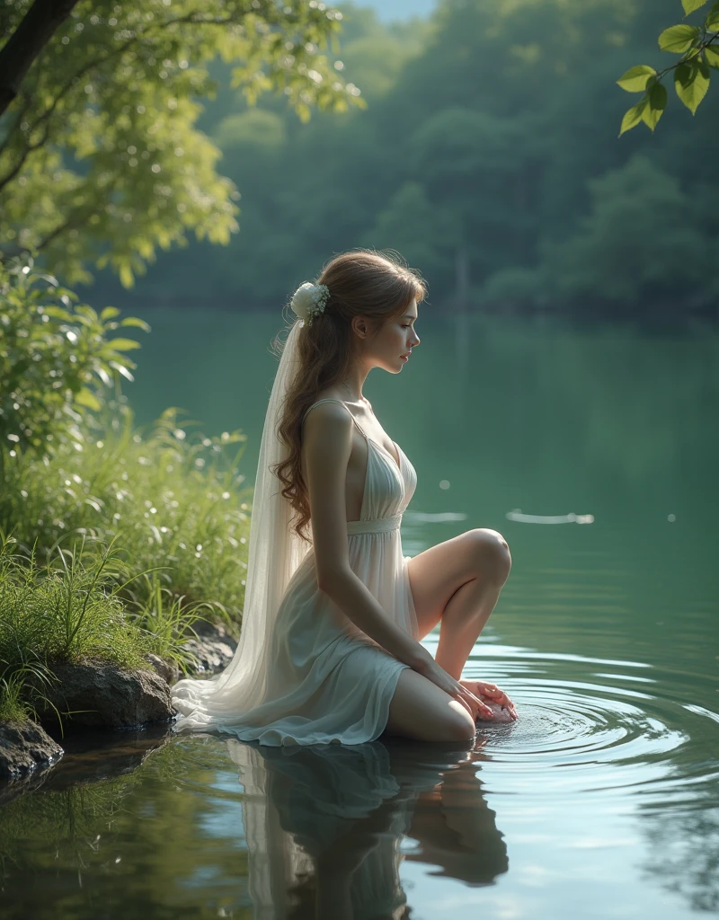 ((Masterpiece, top quality, high resolution)), ((highly detailed CG unified 8K wallpaper)), (stunning goddess shot, so hot and sexy, jaw dropping beauty, perfect proportions, beautiful body, slim body beauty:0.8)a sexy lady kneeling and looking down at her reflection in the water, lake scenery, front view, wide lens, super detailed, best quality wallpaper, 8k, absurdity, expressive realism, perfect lightness