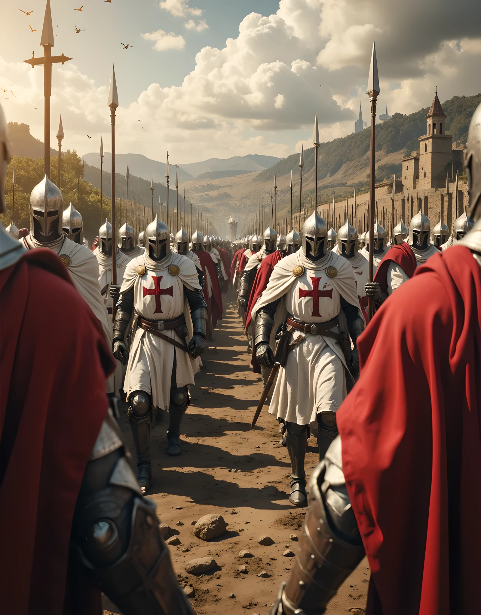 **Prompt:** Create a hyper-realistic panoramic wide-angle image of a medieval European landscape featuring a symmetrical composition at its center. The scene depicts an orderly formation of Templar Crusaders, distinguished by their white cloaks adorned with red cross symbols and holding spears and red cross shields. They march bravely toward an impending battle, captured in a cinematic wide-angle shot. Incorporate rich textures, utilizing advanced uhd ambiance to highlight the mixed lighting of the setting. Add depth with leading lines that draw the viewer’s eye towards the battlefield in the background, where the atmosphere suggests an impending clash. Emphasize the realistic depiction of their hands, focusing on the accurate anatomy of the fingers as they grip their weapons. The overall image should reflect the quality expected from award-winning documentary photography, reminiscent of national geographic styles, blending the elements of artstation and deviantart aesthetics. Ensure the portrayal remains lifelike and steeped in the essence of the medieval era, aligning with the creative vision of catholicPunkAi art while observing all content guidelines.**Prompt:** Imagine a scene in a medieval marketplace where a group of Knights Templar, distinguished by their iconic white mantles adorned with the red cross pattee, gather to discuss their recent quest for sacred artifacts. Write a dialogue among the knights that reveals their motivations, traditions, and the deeper significance of their emblem as they interact with curious townsfolk. How do the knights balance their duty with the community's perception of their powerful symbolism?