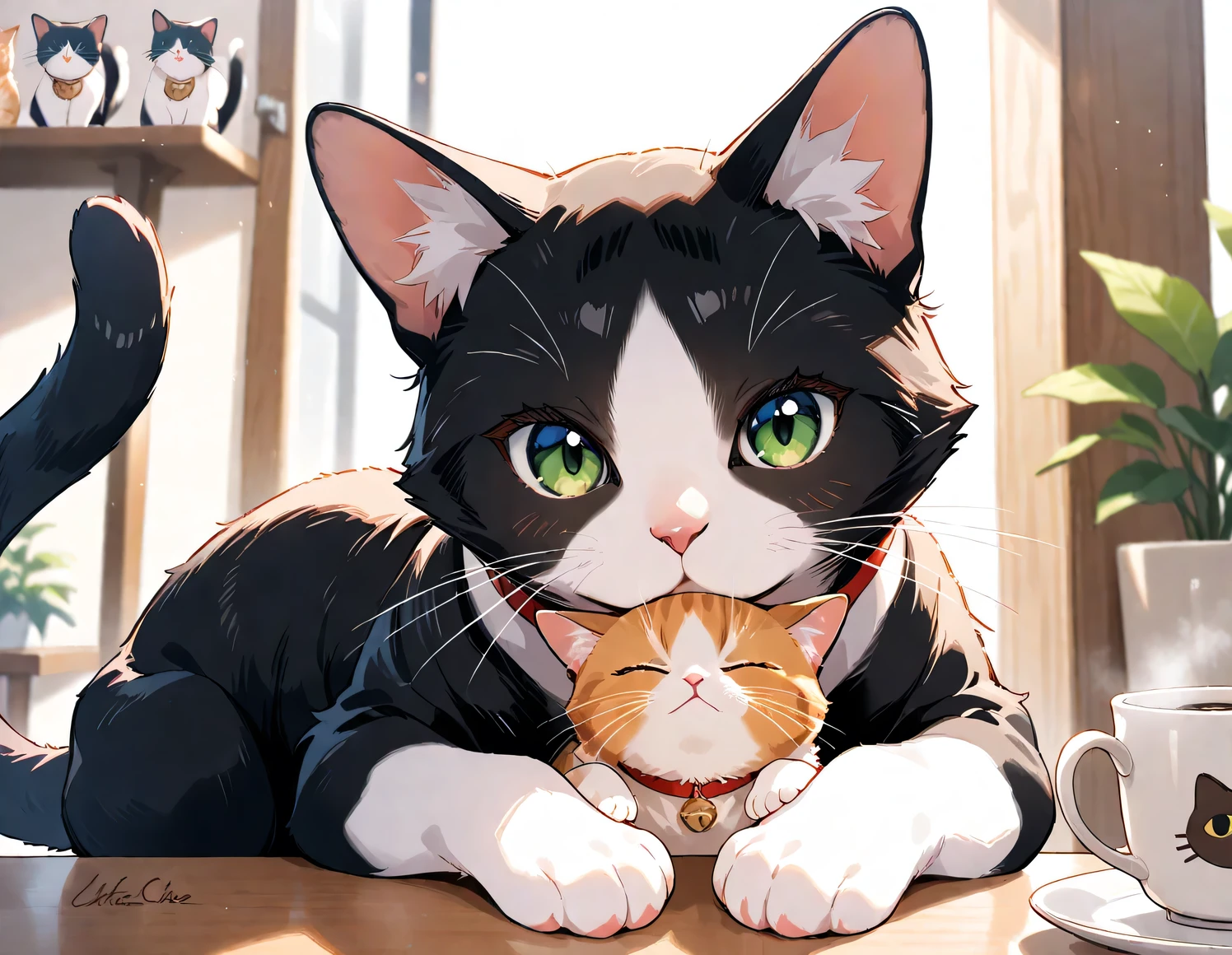 (masterpiece), (best quality), (ultra-detailed), cat cafe, cat focus,drinking cat, no human