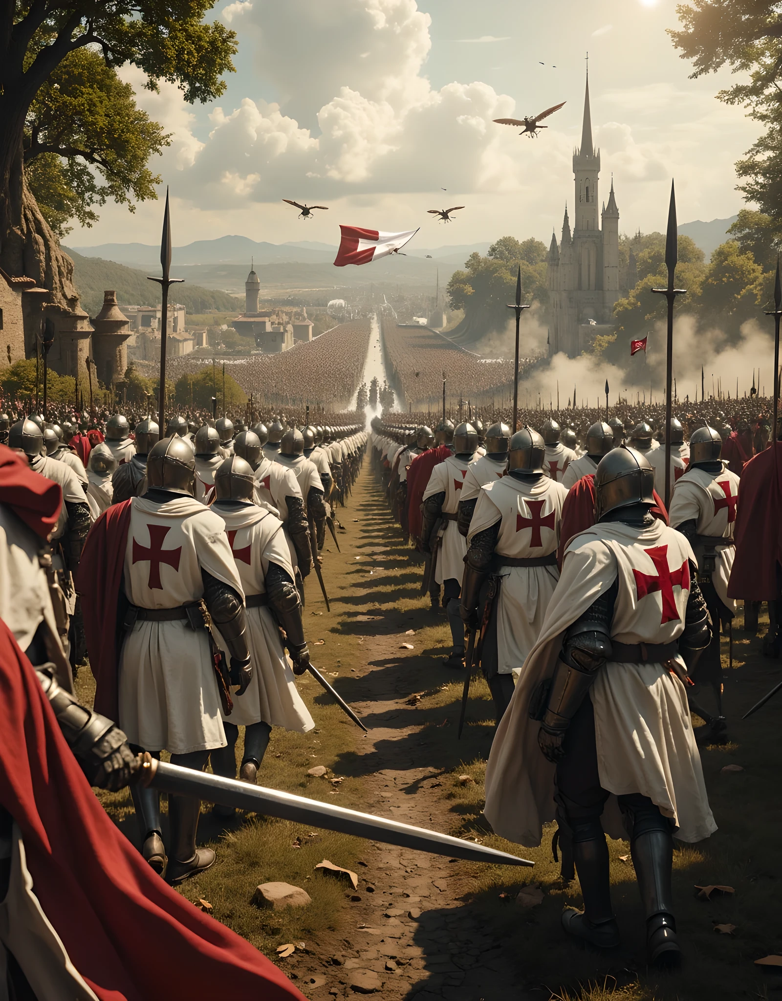 **Prompt:** Create a hyper-realistic panoramic wide-angle image of a medieval European landscape featuring a symmetrical composition at its center. The scene depicts an orderly formation of Templar Crusaders, distinguished by their white cloaks adorned with red cross symbols and holding spears and red cross shields. They march bravely toward the viewers perspective, captured in a cinematic wide-angle shot. Incorporate rich textures, utilizing advanced uhd ambiance to highlight the mixed lighting of the setting. Add depth with leading lines that draw the viewer’s eye towards the battlefield in the background, where the atmosphere suggests an impending clash. Emphasize the realistic depiction of their hands, focusing on the accurate anatomy of the fingers as they grip their weapons. The overall image should reflect the quality expected from award-winning documentary photography, reminiscent of national geographic styles, blending the elements of artstation and deviantart aesthetics. Ensure the portrayal remains lifelike and steeped in the essence of the medieval era, aligning with the creative vision of catholicPunkAi art while observing all content guidelines.**Prompt:** Imagine a scene in a medieval marketplace where a group of Knights Templar, distinguished by their iconic white mantles adorned with the red cross pattee, gather to discuss their recent quest for sacred artifacts. Write a dialogue among the knights that reveals their motivations, traditions, and the deeper significance of their emblem as they interact with curious townsfolk. How do the knights balance their duty with the community's perception of their powerful symbolism?