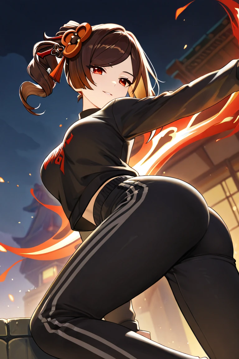 masterpiece、top-quality、Movie stills、1 female、Brown hairs、Colossal 、Huge ass、red body suit、Brown eyes、thick thighs、poneyTail、wide hips、Thigh muscles、Strong thighs、White hoodie 、(Spark:0.7)、Kunoichi