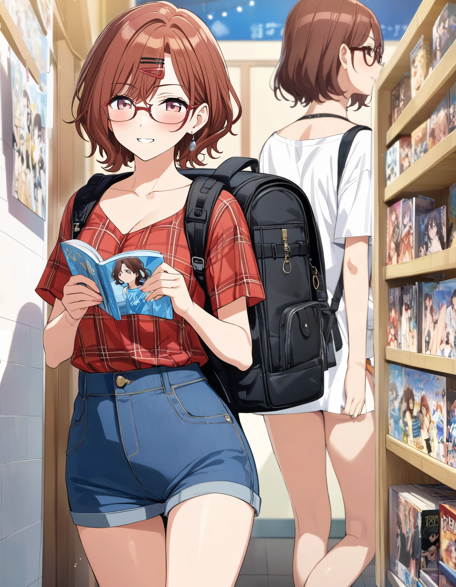 (masterpiece),( Highest quality ),( very well detailed),( best illustration ),( best shadows),( absurd),( detailed background),( very beautiful), 4K, 32K,
official art,
Higuchi Madoka,
short hair , brown hair,,blush,Glasses,red check shirt,Bishoujo anime shirt,anime shirts, Blue Jeans , black backpack,Climbing backpack,, cleavage,nard,Akihabara,Otaku,, grins,anime shop, Adult Shop, Figure,grin,Doujinshi,reading book,adult comic,troubled expression,steam bless,blush,naked woman poster
THE IDOLM @STER SHINY COLORS ,
,happy,