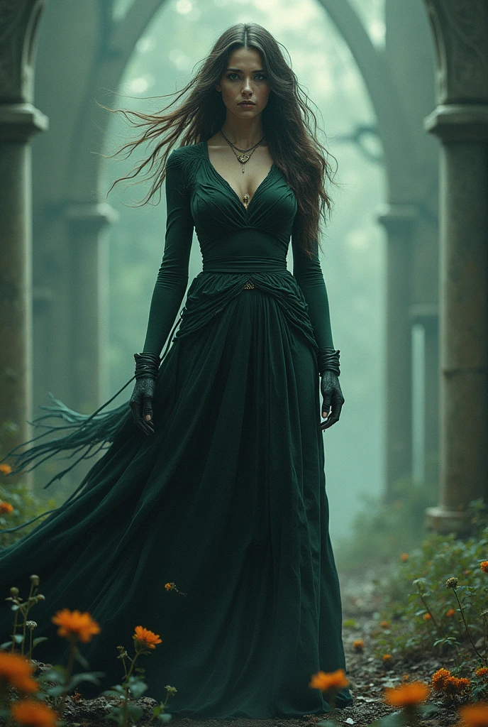 Woman full body, with big hat, long hair, mermaid style dress, gloves, lace, Sepia colors, Brown, Grey, Ocher, Olive green, Black, Beige, High heels, lots of jewelry.